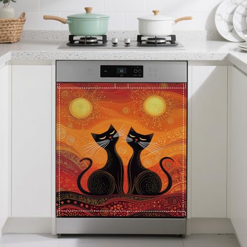 Image of Black Cat Magnetic Dishwasher Cover,Ethnic Sun Dishwasher Covers for The Front Magnetic Dishwasher Panel Decal Cover for Kitchen 23x26inch