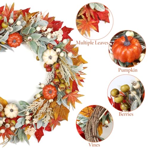 Weldomcor Autumn Wreath for Front Door, 55cm/22inch Large Autumn Door Wreath with Maple Leaves Pumpkins Berries Fall Wreath for Home Wall Window Wedding Party Halloween Thanksgiving Decorations - Image 4