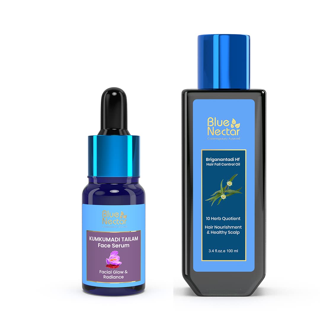 Blue Nectar Kumkumadi Face Oil, a natural blend of herbs for radiant skin (0.3 Fl Oz), & Hair Fall Control Oil for both Women & Men (3.38 Fl Oz).
