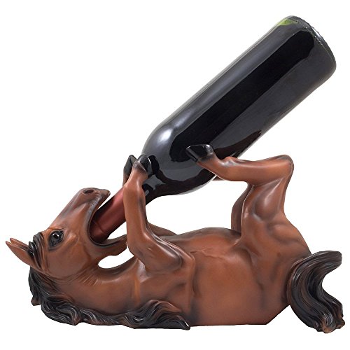 Drinking Chestnut Stallion Wine Bottle Holder Statue in Decorative Tabletop Wine Racks & Display Stands for Country Farm Kitchen Table Centerpieces or Western Brown Horse Decor As Gifts for Farmers