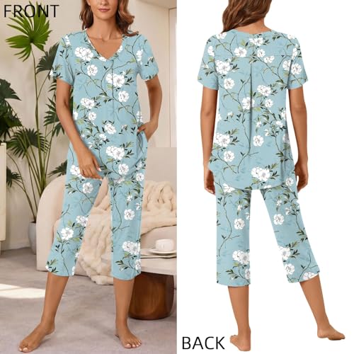 Image of Bestbee Women's Pajama Sets 2 Piece Lounge Outfits Summer Sleepwear V Neck Short Sleeve Capri Pant With Pockets Ladies Pjs