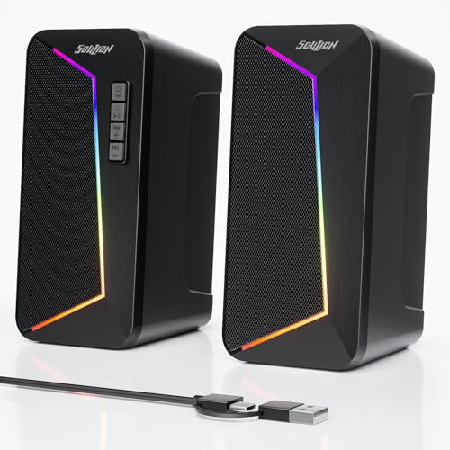 SOULION R40 PC Lautsprecher, USB-C/USB-betriebene Computer Stereo mit Lautstärkeregler, LED-Beleuchtung, PC Boxen mit USB/Bluetooth Modus für Smartphone, Laptop,Desktop und Monitor, 1 Paire, Schwarz