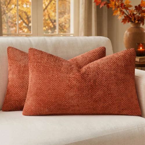 Image of MIULEE Pack of 2 Fall Burnt Orange Decorative Pillow Covers 20x12 Inch Soft Chenille Couch Throw Pillows Farmhouse Cushion Covers for Home Decor Sofa Bedroom Living Room