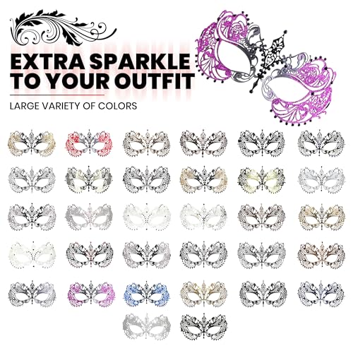 Masquerade Mask for Women with Rhinestones - Elegant Metal Venetian Face Mask for Masquerade Parties, Mardi Gras, Prom