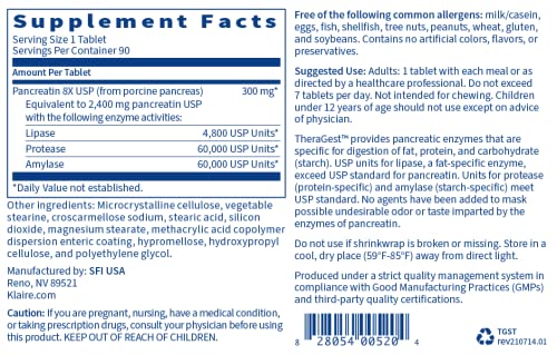 Klaire Labs Theragest Pancreatic Enzymes For Digestion - Powerful, Delayed Release Blend For Fat, Protein & Carbohydrate Digestion - Keto & Paleo-Friendly - Non-Dairy And Gluten Free (90 Tablets) #TOP2