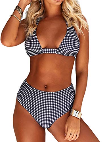 JFAN Conjuntos de Bikini para Mujer Verano Trajes de Baño de Dos Piezas de Cuello Halter Bañadores de Push Up Adelgazar de Cintura Alta Mujer Bikini Sets（E Rejilla Negra,XL