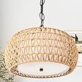 SUNLUMI Farmhouse Rattan Chandelier with 2-Tier Wicker and Fabric Shade, 3-Lights Boho Drum Pendant Light Fixture with Adjustable Chain, Hand-Woven Basket Chandeliers for Dining Living Room Kitchen