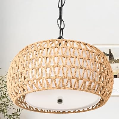 SUNLUMI Farmhouse Rattan Chandelier with 2-Tier Wicker and Fabric Shade, 3-Lights Boho Drum Pendant Light Fixture with Adjustable Chain, Hand-Woven Basket Chandeliers for Dining Living Room Kitchen