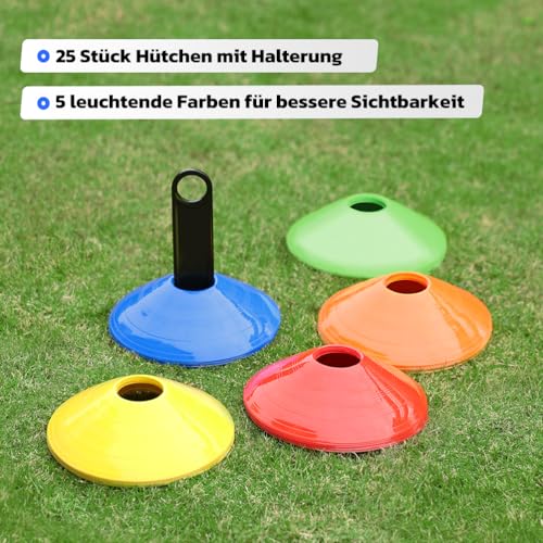 GHB Hütchen 25er Fussball Hütchen Fußball zubehör Slalom Hütchen Markierungshütchen für Fussball Training Agilität Geschenk Jungen Kinder Spieler mit Halter und Tragetasche