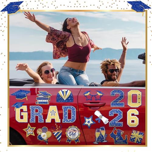 Image of Landhoow 30 Pcs Graduation Car Magnets 2026 Senior Graduation Car Decoration Bumper Sticker Congrats Grad Magnet Magnetic Refrigerator Decal for Grad Parade Party Supplies(Blue, Gold)