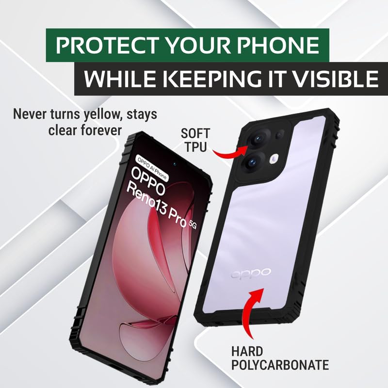 Image of AIBEX Crystal Clear Back Cover for Oppo Reno 13 Pro 5G | Transparent Non-Yellowing Case | Shockproof 360 Protection | Slim Fit Bumper with PC & TPU Design