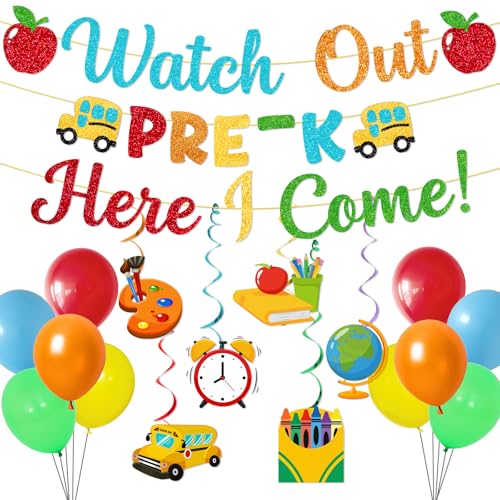 First Day Of School Decorations: First Day Of School Banner Welcome to School Decoration Watch Out Pre-K Here I Come Banner Hanging Swirls Latex Balloons for School Office Classroom Decor