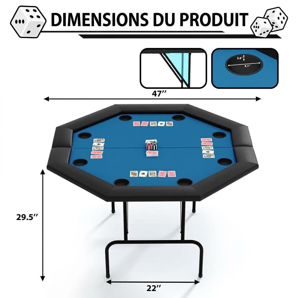 Table De Poker Pliable Octogonale Pour 8 Joueurs, Table De Poker De Casino Avec Pieds En Fer, Porte-Gobelets En Acier Inoxydable, Surface Résistante à l'Eau Pour Jeu De Cartes, Soirées En Famille Et c
