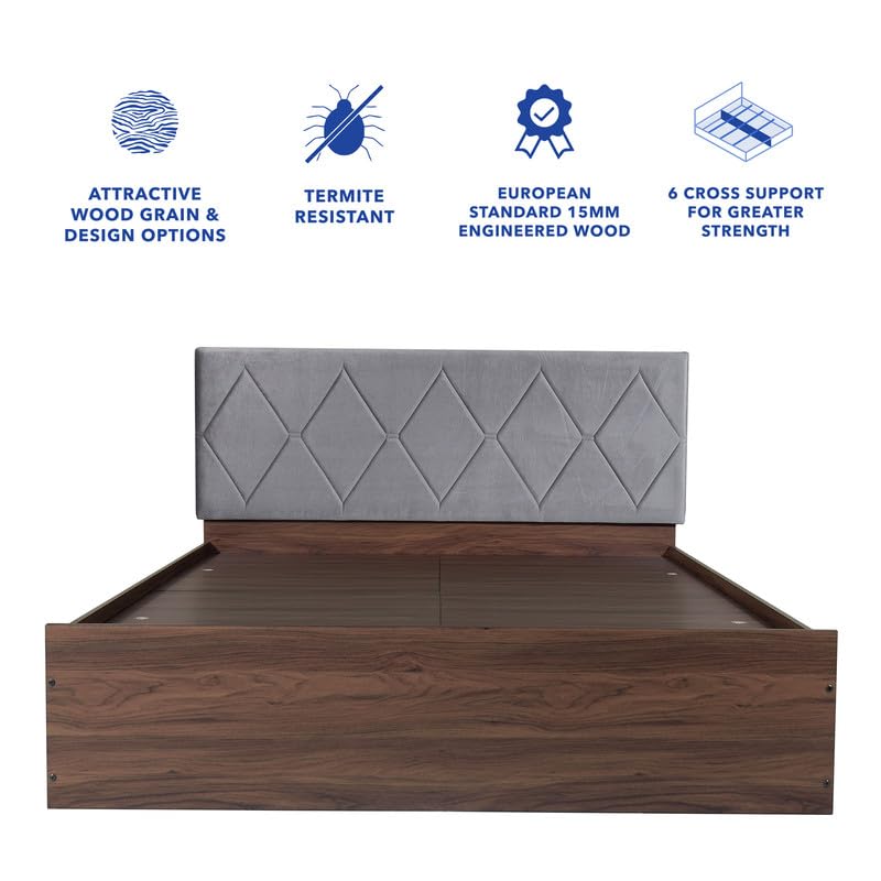 Image of Amazon Brand - Solimo Wood Bed|1 Year Warranty|Double Bed, Queen Size, Kundalini Premium Upholstery, Comfortable Seating Height Bed, Non-Woven Base & 3Mm Mdf, Walnut Colour (Melamine), Laminated