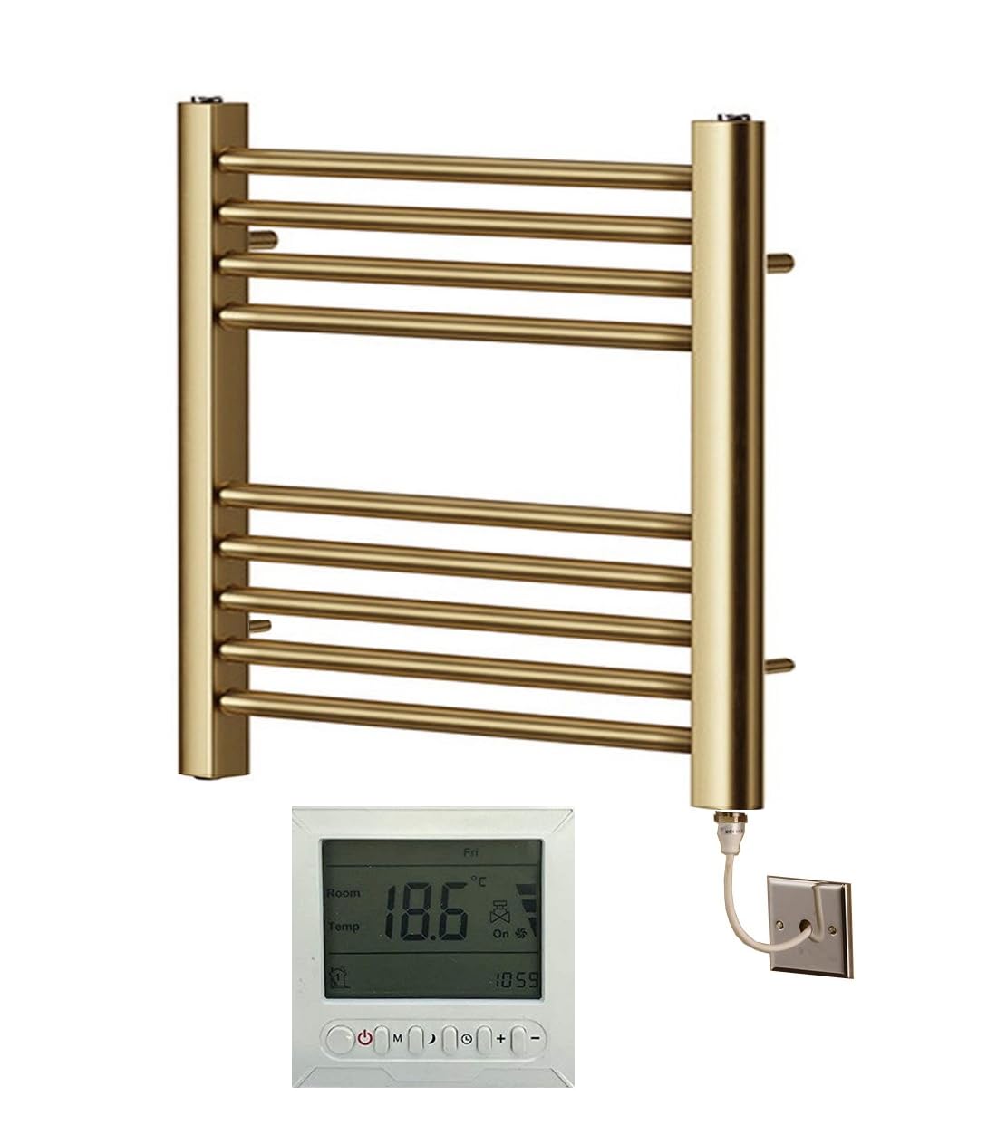 Greened House Brass Electric Brushed Straight Heated Towel Rail 400Mm Wide X 600Mm High Flat Towel Radiator + Timer And Thermostat
