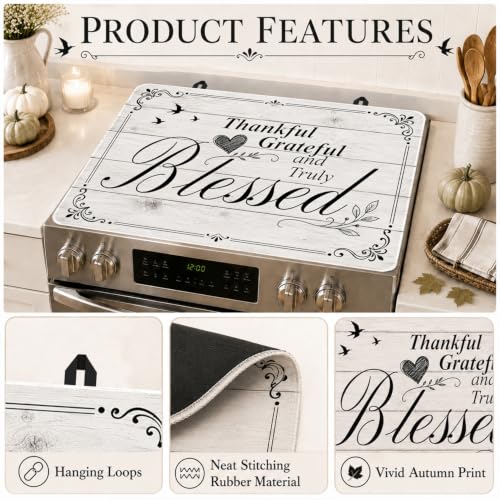 Image of Thankful Grateful Blessed Stove Top Cover for Electric Stove 28 inchx 20 inch Wood Grain Background Heat Resistant Glass Top Stove Cover Protector, Glass Cooktop Covers, Kitchen Flat Stove Top Covers