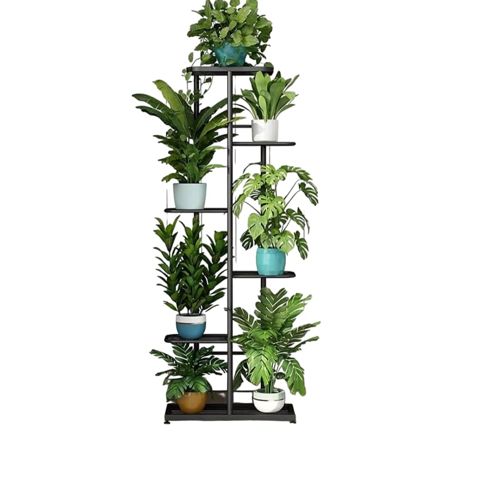 FUFU HANDICRAFT Plant Stand With Pot Display Tiered Shelf Floor Mount Rack, 7 Tiers, Made Of Wrought Iron, Tall Plant Flower Shelf For Balcony Living Room Outdoor Interior Home Outdoor Decor (Black)