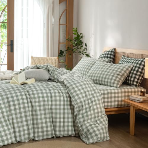 Image of BESTOUCH Gingham Cotton Duvet Cover Set Sage Green Super Queen | Washed Cotton, Linen Feel, Soft Wrinkle Texture, Hidden Zipper, 8 Ties, Breathable Lightweight Durable Comfy, 3 Pcs No Insert