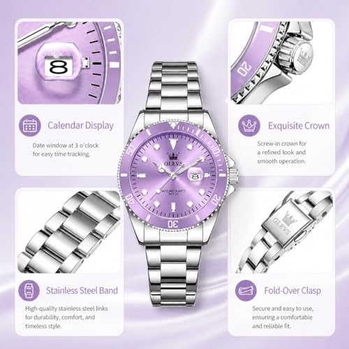 Image of OLEVS Watch Women Silver Watches for Women Luxury for Small Wrists Dress Stainless Steel Women's Wrist Watches Easy to Read Reloj para Mujer Black /Blue /Gold /Green /Pink /Purple