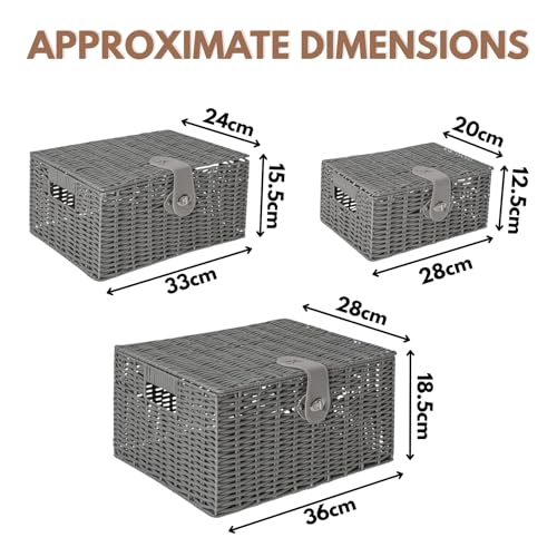 HomeZone Pack of 3 Lockable Grey Wicker Storage Basket with Lids Rattan Woven Decorative Storage Boxes with Lids Grey Baskets for Bathroom Bedroom Kitchen Stair Baskets Hampers - Cosy Home Interiors HomeZone Pack of 3 Lockable Grey Wicker Storage Basket with Lids Rattan Woven Decorative Storage Boxes with Lids Grey Baskets for Bathroom Bedroom Kitchen Stair Baskets Hampers - Image 3