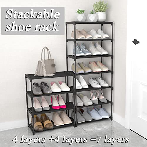 Image of 4-Tier Small Shoe Rack .Stackable Shoe Shelf Storage Organizer For Entryway Hallway Closet Bathroom Living Room(Black)