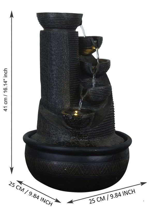Image of Polyresin Black Designer Table Top Indoor 5 Artistic Steps Waterfall Fountain with Yellow LED Lights & Water Flow Controller Pump (Size: 41 x 25 x 25 CM | Weight: 1980 gram | Color: Black)