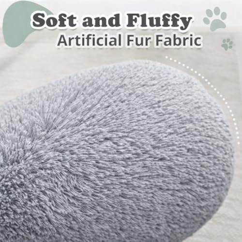 Image of ZEXSAZONE Summer Grey Plush Dog Bed - Anti-Anxiety Round Donut Pet Bed with Raised Edges | Soft Faux Fur Calming Bed for Puppies, Cats & Small Dogs | Machine Washable