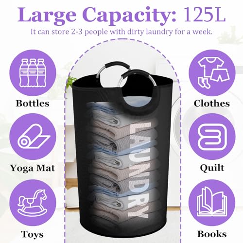 Image of 125L Extra Large Laundry Basket with Handles, Collapsible Clothes Hamper for Bedroom, Independent Dirty Clothes Basket, Portable Laundry Bin for Hotel, Dorm, Black