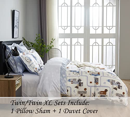Dauaoto Kids Duvet Cover Twin Size Set, Boys Cotton Bedding Road Map Landscape Pattern, 1 Zipper Closure 68X86 Cover + 1 Sham, Blue Town #TOP4