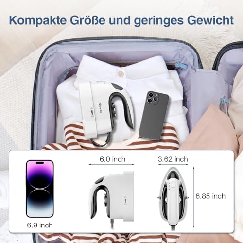 Sundu Reisebügeleisen, Steamer Dampfglätter, 2 in 1 Dampfbügeleisen Reise,5 Bügelmodi für Verschiedene Stoffe, Dampfleistung bis zu 30g/min, Arretierbarer Sockel, Intelligente Temperaturregelung Steam