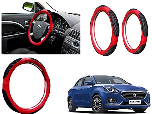 Image of Microfiber Car Steering Wheel Cover, Soft Padding Great Hand Feel, Anti-Slip, Faux Leather Steering Cover for Maruti Suzuki Swift Dzire 2017 | Black Red Jali - Pack of 1