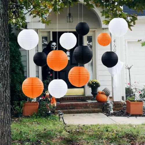 Image of Orange Black White Paper Lanterns Decorative 12pcs Halloween Hanging Decorations for Graduation Thanksgiving Birthday Party Decorations