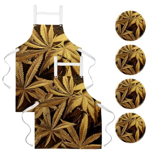 Tablier de cuisine feuille de chanvre dorée multicolore avec 4 broches lot de 2