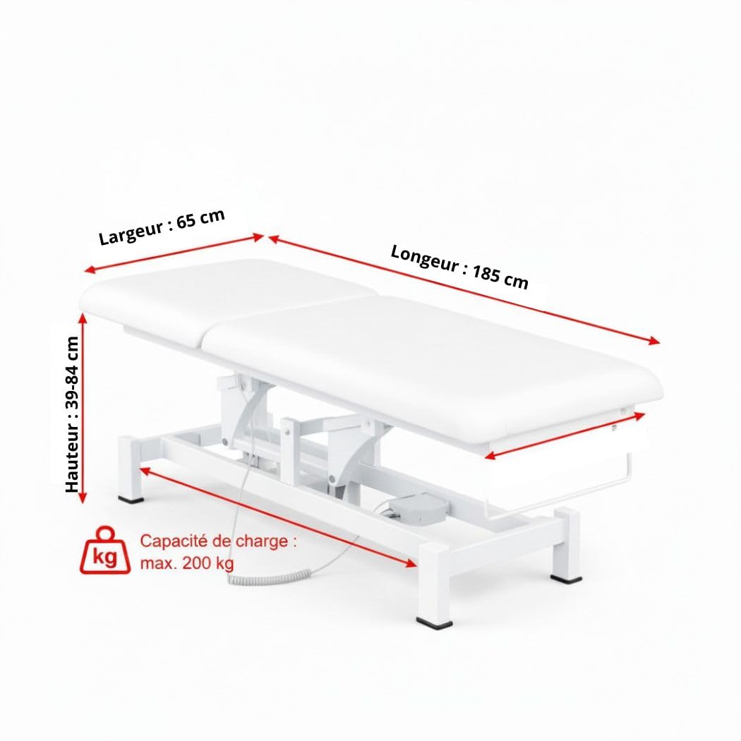 PLUS SANTE – Table d’Examen électrique FOBIA 2 Plans, Hauteur réglable par Moteur, Dossier inclinable, revêtement PU Facile à Nettoyer (Blanc, 65 cm (sans Porte-Rouleau, sans roulettes))