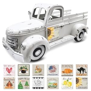 Sunflower Decor 13.4 Inch Vintage White Farmhouse Truck with 12 Magnets Sunflower Kitchen Spring Decorations for Home Shelf Office Metal Pickup Interchangeable Seasonal Decor Garden Truck Planter