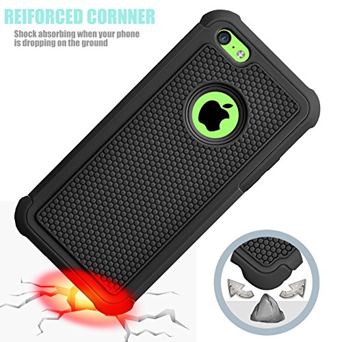 Tekcoo Iphone 5C Case, [Tmajor Series] [Black/Black] Shock Absorbing Hybrid Impact Defender Rugged Slim Case Cover Shell For Apple Iphone 5C Hard Plastic Outer + Rubber Silicone Inner #TOP6