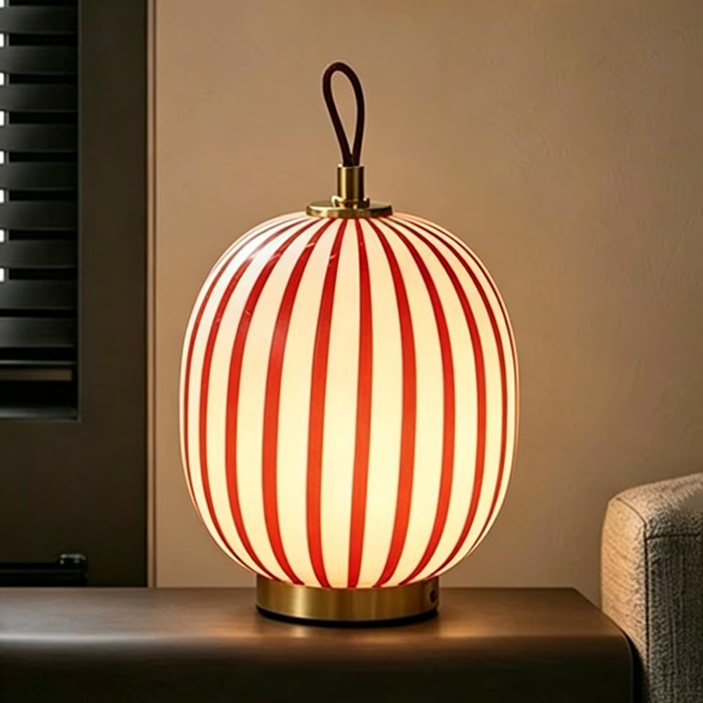 LED Tischlampe Kugel Glas Kabellos Tischleuchte Dimmbar Touch Schalter Batteriebetrieben Schreibtischlampe Rot Gestreiftem Glaslampenschirm Nachttischleuchten USB Aufladung Tragbar Runde