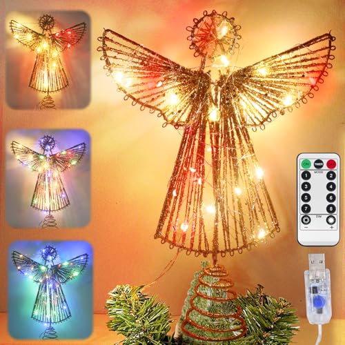 Christbaumspitze Engel, Gold Christmas Angel Tree Topper, LED Tannenbaum Deko, Christbaumspitze Engel Farblicht, USB-Betriebene Fernbedienung für Christbaumschmuck, Feiertagsparty, Innendekoration