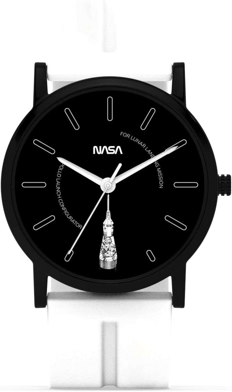 NASA Apollo Launch Configurator Black Analog Watch with Space Theme Dial, Silicone Magnet Strap, Classic Round Design