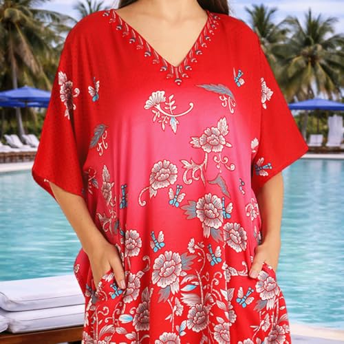 Image of Miss Lavish London Kaftan Dresses for Women,Beach Kaftan Coverups,Hawaiian Coverups for Women,Long Beach & Swimsuit Coverups,Plus Size African Caftan Dress,Moroccan Style Loungewear Red L