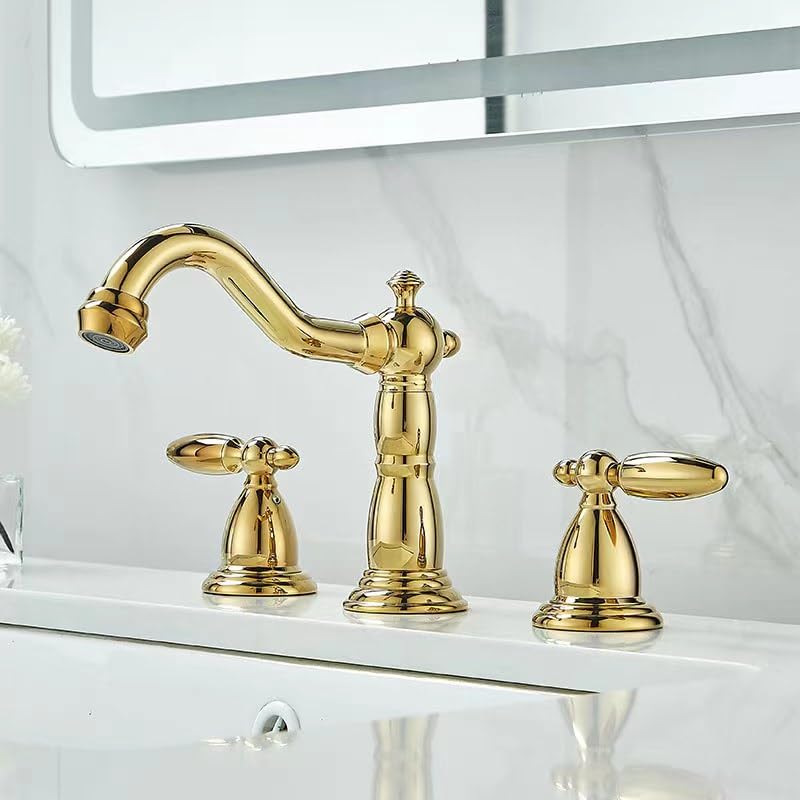 Rubinetto dell'acqua calda e fredda del bacino a doppio foro, rubinetto a tre fori diviso a doppia maniglia, proiettile d'oro