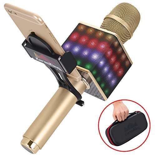 Wireless Bluetooth Karaoke Microphone - Portable KTV Karaoke Machine with Speaker, LED Lights & FREE Phone Holder Perfect for Pop, Rock n' Roll Parties, Solo Parties & More (H8 2.0 Gold)