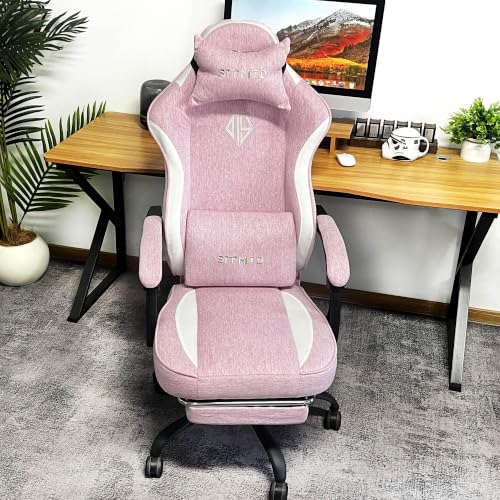 SITMOD Cute Fabric Gaming Chair with Footrest, High Back Ergonomic Computer Chair for Women, Reclining Gamer Chair with Pocket Spring, Cosy Desk Chair with Linkage Armrests, Pink