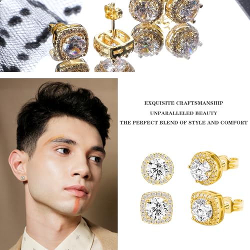 4 Pair Earrings Studs for Men Gold Cubic Zirconia, Ymapinc Surgical Steel CZ Studs Earrings for Men Women, 4 Models Round and Square Stud Teardrop Shapes4