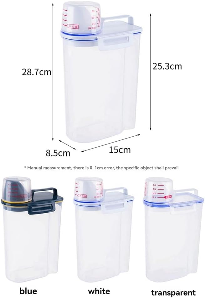 Rice Airtight Storage Container Cereal Dry Food Powder Storage Box Cereal Containers Dispenser Pet Dog Cat Food Dispenser with Measuring Cup Laundry Powder Detergent Case with Pour Mouth Blue