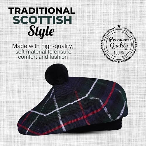 Image of Scottish Tam O' Shanter Hat Tartan Bonnet Pom Pom Wool Flat Cap One Size