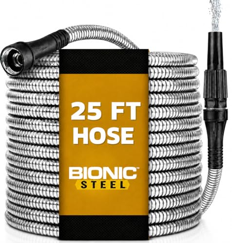 Bionic Steel 25 Ft Metal Garden Hose with Nozzle, 25Ft x 5/8 In. Premium 304 Stainless Steel Metal...