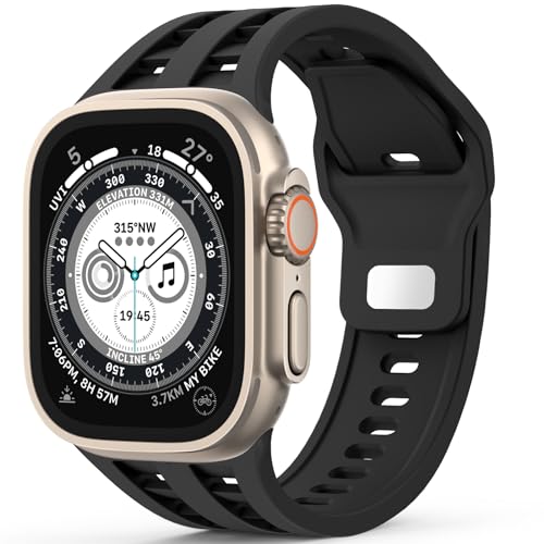 EOMTAM Men Breathable Silicone Sport Strap Compatible for Apple Watch Ultra 2 1 Band 49mm 45mm 44mm 42mm,Waterproof Soft Wristbands for iWatch Series 9 8 SE 7 6 5 4 3(Black,49MM)