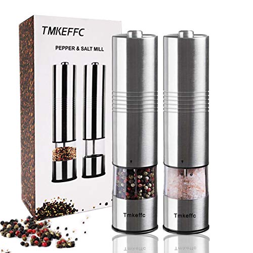 Electric Pepper Mill Set Battery Operated Salt Grinder Stainless Steel Spices Seasoning Shaker, Adjustable Coarseness, Corrosive Ceramic Rotors, LED Light, Transparent Container Design (Pack of 2)