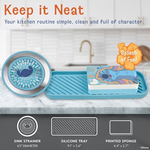 Image of Disney Stitch Sink Drain Strainer, Dish Sponge & Silicone Sink Tray Set | 3-piece set with a strainer to prevent clogs, a tray to keep things organized, and a scrubber for dishes and counters